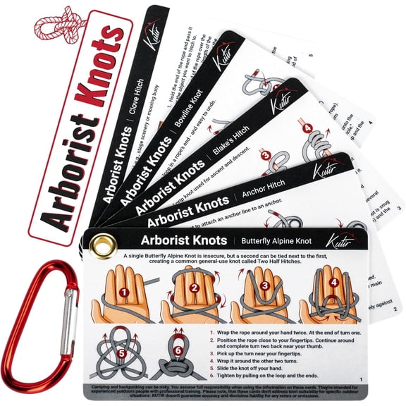 Arborist Knots Card Set - 10 Essential Knots for Camping, Climbing, & More - Waterproof Pocket Guide with a Carabiner