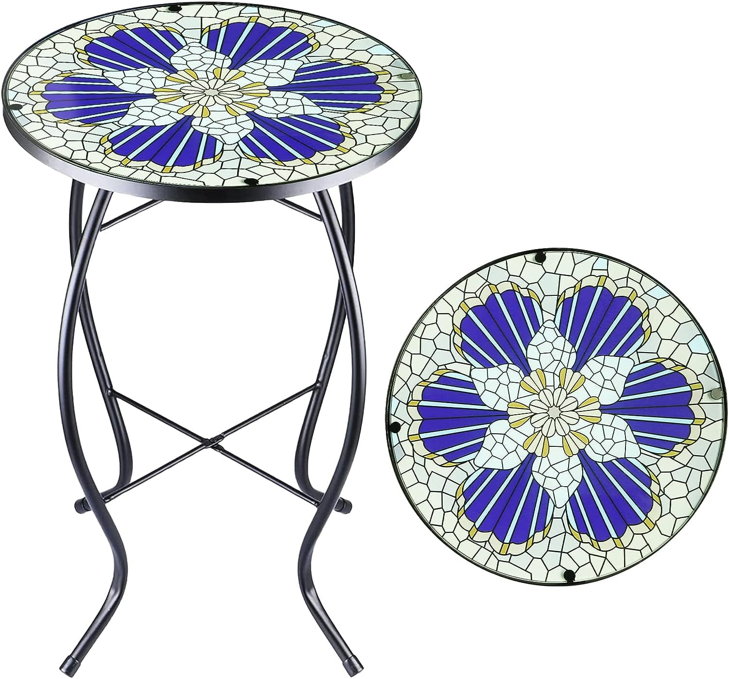 Arbuxzuy Mosaic Glass and Steel Outdoor Modern Round End Table, Blue