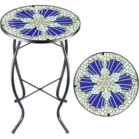 Arbuxzuy Mosaic Glass and Steel Outdoor Modern Round End Table, Blue