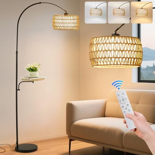 Arc Black Boho Floor Lamp with Table, Rattan Rustic Floor Lamps with Shelves and Remote & Dimmable 3 Color Temperatures LED Bulb, Tall Farmhouse Standing Lamp for Living Room Bedroom Corner
