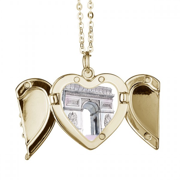 Arc De Triomph in Paris France Folded Wings Peach Heart Pendant Necklace