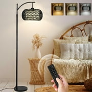 Arc Floor Lamp with 3 Color Temperatures,Black Floor Lamp with Remote Control,  Standing Lamp with Rattan Wicker Shades, Farmhouse Tall Pole Lamp for Living Room Bedroom