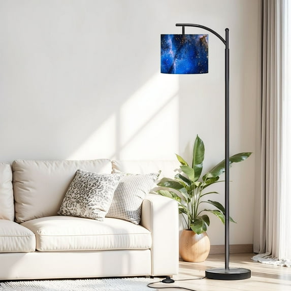 Arc Floor Lamp, 3 Color Temperatures Modern Floor Lamps Blue Universe Space Psychedelic Adjustable Tall Standing Reading Lamp with Linen Texture Shade for Living Room, Bedroom, Office