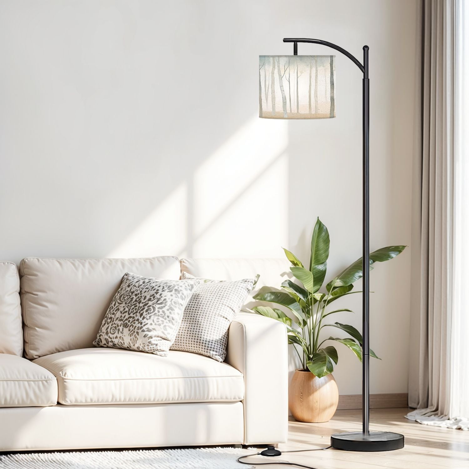 Arc Floor Lamp, 3 Color Temperatures Modern Floor Lamps Mysterious Birch Tree Taupe Adjustable Tall Standing Reading Lamp with Linen Texture Shade for Living Room, Bedroom, Office