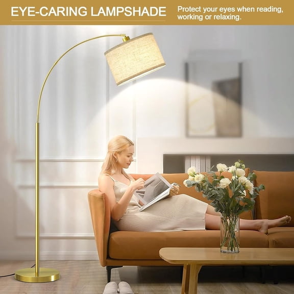 Arc Floor Lamp, 71" Tall Standing Lamp with On/Off Foot Switch, Gold Floor Lamp for Living Room with Adjustable Drum Lampshade, Over Couch Arched Reading Light for Reading, Bedroom, Office