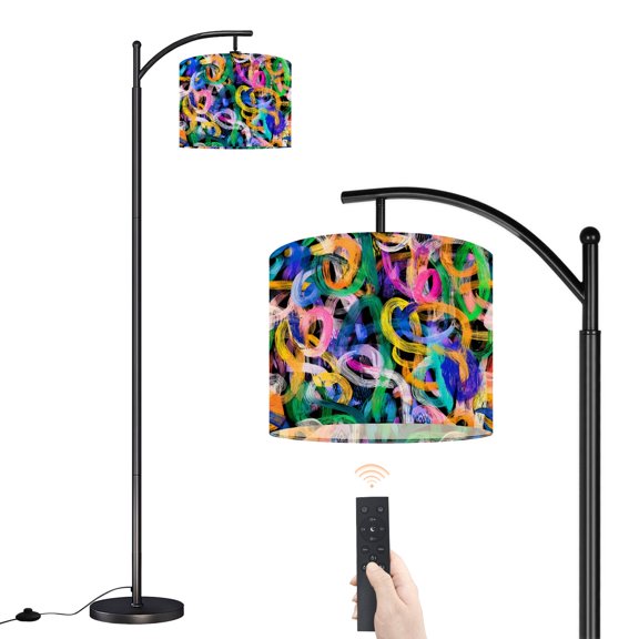 Arc Floor Lamp with Adjustable Lampshade Abstract Colorful Brush Strokes Swirling Circular Patterns Standing Lamp 3 Color Temperatures Dimmable Tall Pole Lamp with Foot Switch for Bedroom