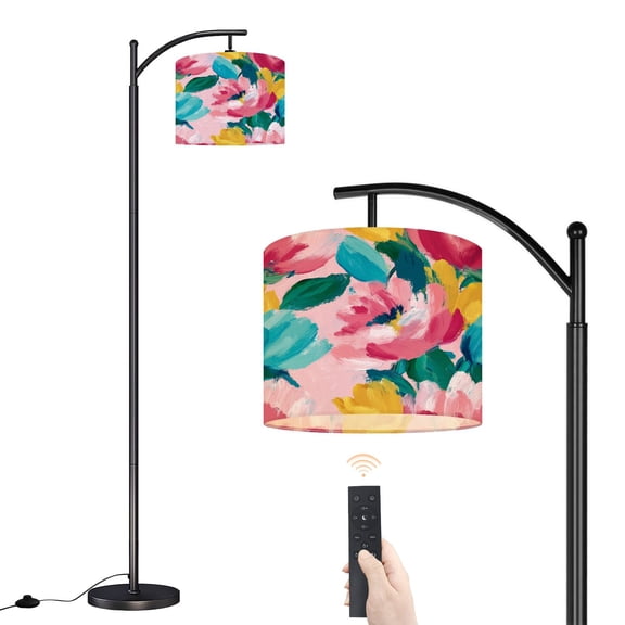 Arc Floor Lamp with Adjustable Lampshade Abstract Floral Brushstroke Pink Blue Yellow Green Standing Lamp 3 Color Temperatures Dimmable Tall Pole Lamp with Foot Switch for Bedroom