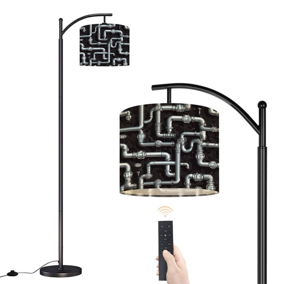 Arc Floor Lamp with Adjustable Lampshade Abstract Industrial Pipe Design Metallic Silver Pipes Standing Lamp 3 Color Temperatures Dimmable Tall Pole Lamp with Foot Switch for Bedroom Living Room