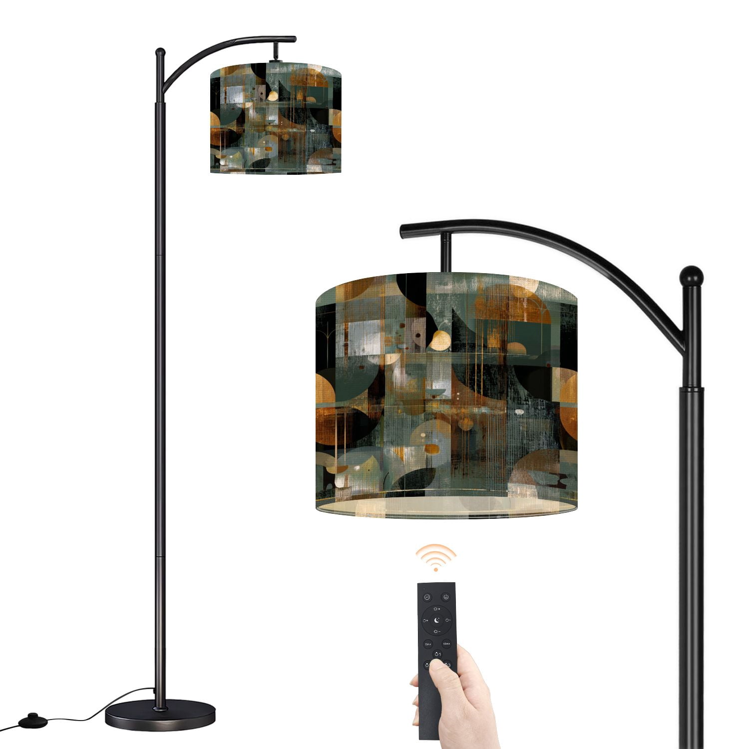 Arc Floor Lamp with Adjustable Lampshade Abstract Mid Century Wall Art Teal Rust Ochre Standing Lamp 3 Color Temperatures Dimmable Tall Pole Lamp with Foot Switch for Bedroom