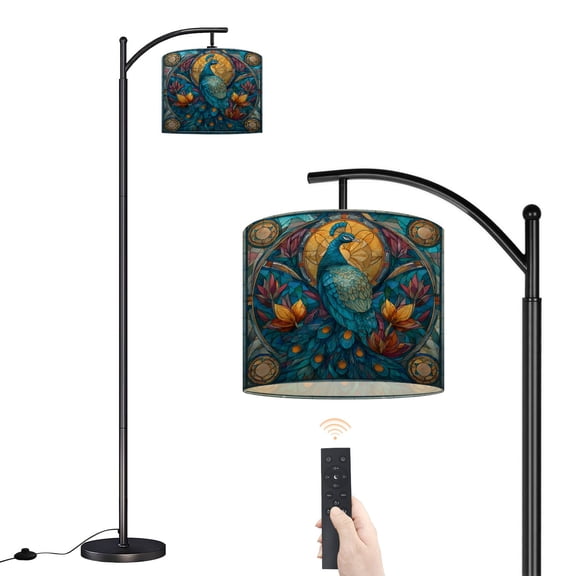 Arc Floor Lamp with Adjustable Lampshade Abstract Peacock Stained Glass Art Green Blue Purple Standing Lamp 3 Color Temperatures Dimmable Tall Pole Lamp with Foot Switch for Bedroom