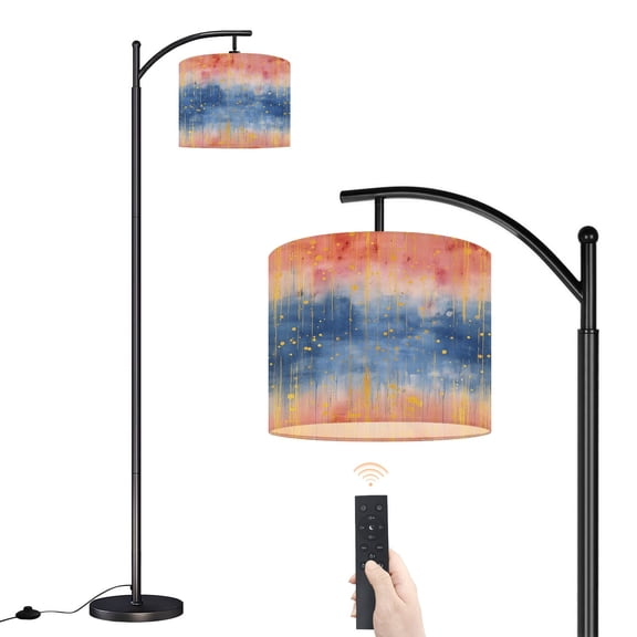 Arc Floor Lamp with Adjustable Lampshade Abstract Pink Blue Watercolor Painting Gold Drips Splatter Standing Lamp 3 Color Temperatures Dimmable Tall Pole Lamp with Foot Switch for Bedroom