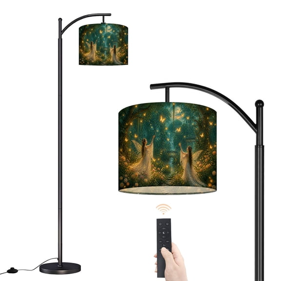 Arc Floor Lamp with Adjustable Lampshade Ancient Willow Tree Fairies Twilight Forest Prismatic Artwork Standing Lamp 3 Color Temperatures Dimmable Tall Pole Lamp with Foot Switch for Bedroom