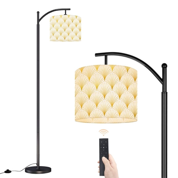 Arc Floor Lamp with Adjustable Lampshade Art deco golden fan Abstract nouveau Standing Lamp 3 Color Temperatures Dimmable Tall Pole Lamp with Foot Switch for Bedroom