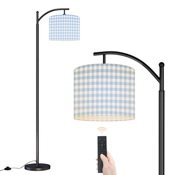 Arc Floor Lamp with Adjustable Lampshade Baby blue Gingham plaid seamless Buffalo check surface design Standing Lamp 3 Color Temperatures Dimmable Tall Pole Lamp with Foot Switch for Bedroom