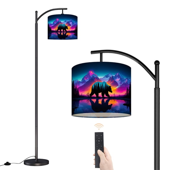Arc Floor Lamp with Adjustable Lampshade Bear Forest Mountains Polar Bear Silhouette Mountain Pine Standing Lamp 3 Color Temperatures Dimmable Tall Pole Lamp with Foot Switch for Bedroom