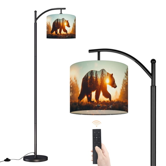 Arc Floor Lamp with Adjustable Lampshade Bear Forest Wildlife Photography Rustic Cabin Woodland Standing Lamp 3 Color Temperatures Dimmable Tall Pole Lamp with Foot Switch for Bedroom