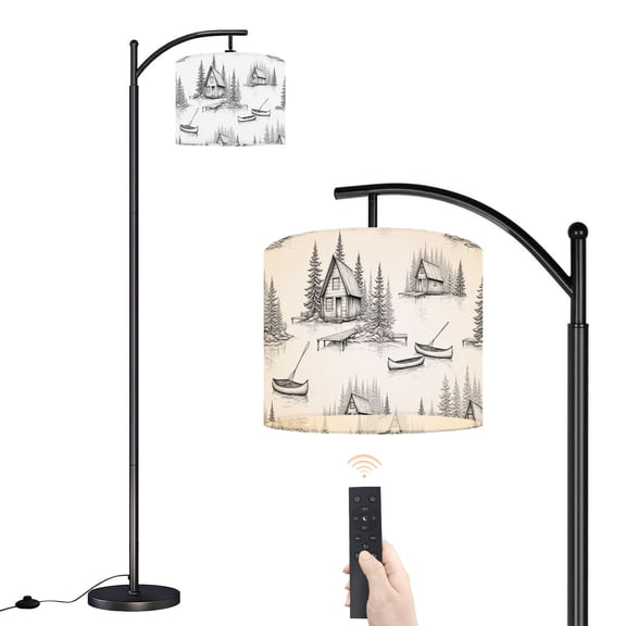 Arc Floor Lamp with Adjustable Lampshade Black Drawn Lakeside Cabin Canoes Pine Trees Rustic Standing Lamp 3 Color Temperatures Dimmable Tall Pole Lamp with Foot Switch for Bedroom