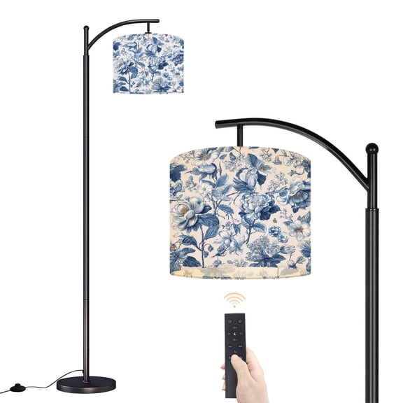 Arc Floor Lamp with Adjustable Lampshade Bloom Vintage floral seamless Spring flowers Blue white Chinoiserie Standing Lamp 3 Color Temperatures Dimmable Tall Pole Lamp with Foot Switch for Bedroom