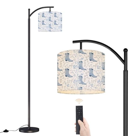 Arc Floor Lamp with Adjustable Lampshade Blue Cowboy Boots Floral Soft Watercolor Style Standing Lamp 3 Color Temperatures Dimmable Tall Pole Lamp with Foot Switch for Bedroom