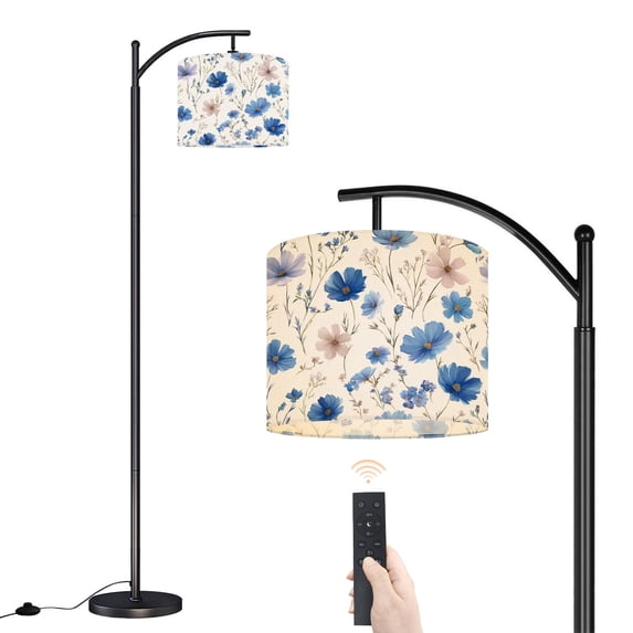 Arc Floor Lamp with Adjustable Lampshade Blue Pink Floral Soft Pastel Blooms Delicate Greenery Standing Lamp 3 Color Temperatures Dimmable Tall Pole Lamp with Foot Switch for Bedroom