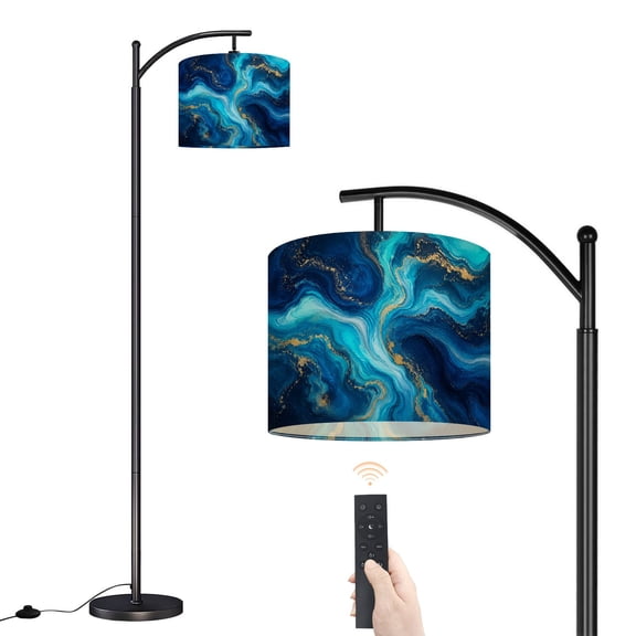 Arc Floor Lamp with Adjustable Lampshade Blue marble gold abstract Indigo ocean blue marbling natural luxury Standing Lamp 3 Color Temperatures Dimmable Tall Pole Lamp with Foot Switch for Bedroom