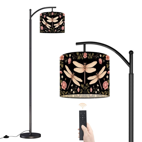 Arc Floor Lamp with Adjustable Lampshade Botanical Dragonfly Pink Flowers White Daisies Black Standing Lamp 3 Color Temperatures Dimmable Tall Pole Lamp with Foot Switch for Bedroom