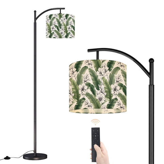 Arc Floor Lamp with Adjustable Lampshade Botanical seamless banana leaves vines other leaves light green Standing Lamp 3 Color Temperatures Dimmable Tall Pole Lamp with Foot Switch for Bedroom