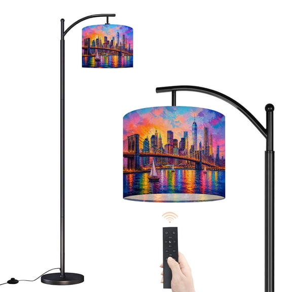 Arc Floor Lamp with Adjustable Lampshade Brooklyn Bridge Modern New York Abstract Canvas Cityscape Colorful Standing Lamp 3 Color Temperatures Dimmable Tall Pole Lamp with Foot Switch for Bedroom