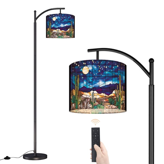 Arc Floor Lamp with Adjustable Lampshade Celestial Night Sky Cacti Stained Glass Masterpiece Standing Lamp 3 Color Temperatures Dimmable Tall Pole Lamp with Foot Switch for Bedroom
