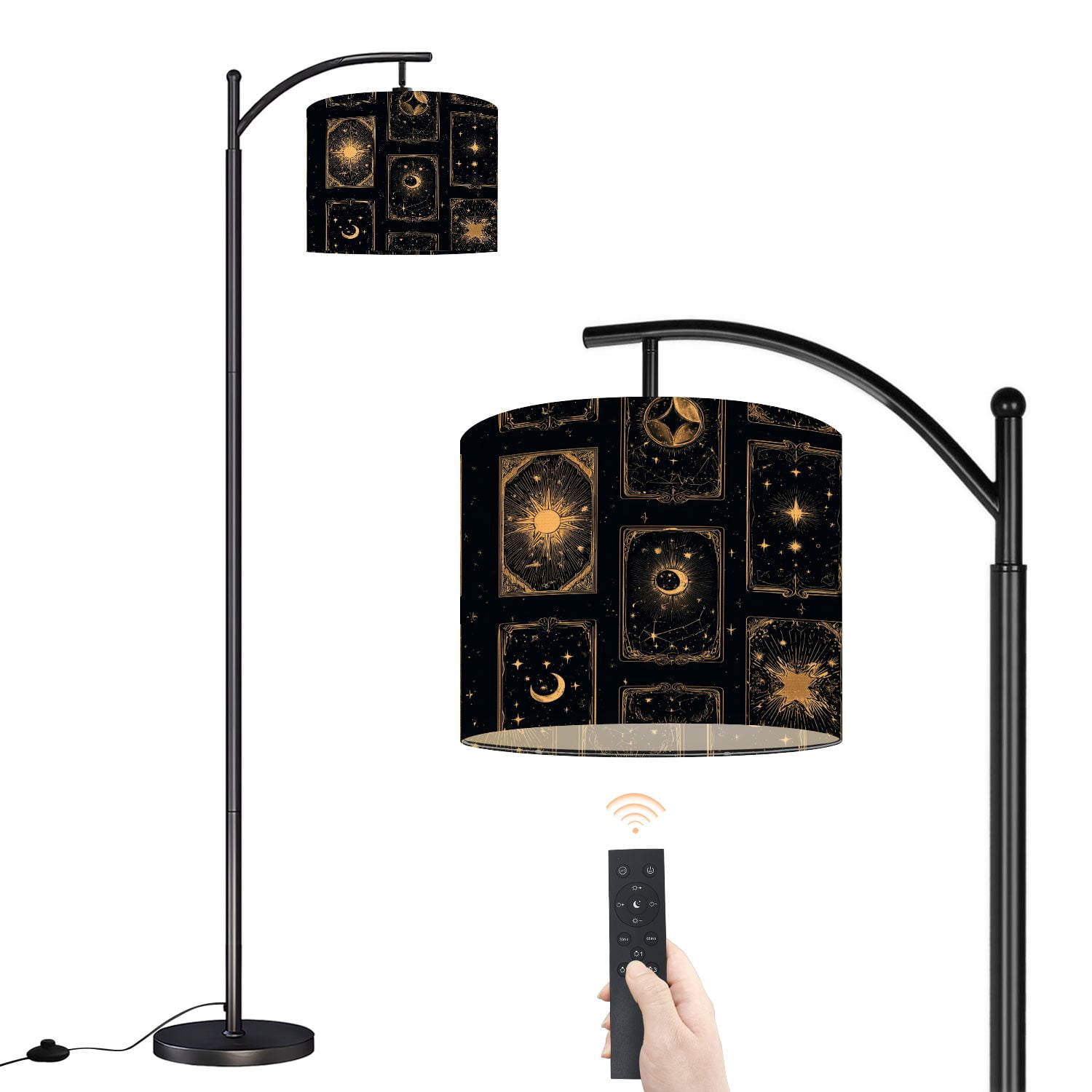 Arc Floor Lamp with Adjustable Lampshade Celestial Sun Moon Stars Gold Black Mystical Standing Lamp 3 Color Temperatures Dimmable Tall Pole Lamp with Foot Switch for Bedroom Reading Room