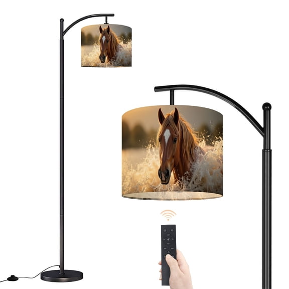 Arc Floor Lamp with Adjustable Lampshade Chestnut Horse Running Water Splash Golden Sunset Dramatic Standing Lamp 3 Color Temperatures Dimmable Tall Pole Lamp with Foot Switch for Bedroom