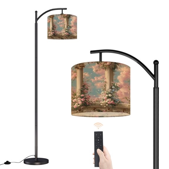 Arc Floor Lamp with Adjustable Lampshade Classical Columns Wrapped Roses Pastel Clouds Ornate Floral Standing Lamp 3 Color Temperatures Dimmable Tall Pole Lamp with Foot Switch for Bedroom
