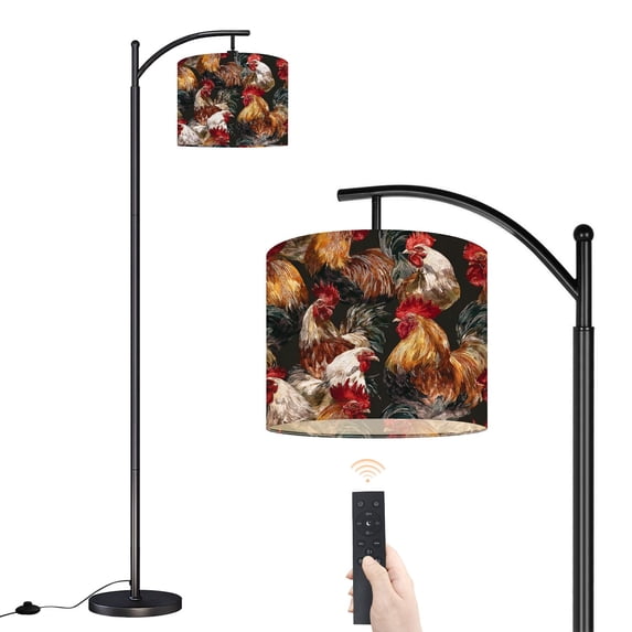 Arc Floor Lamp with Adjustable Lampshade Colorful Rooster Rustic Farmhouse Style Dark Standing Lamp 3 Color Temperatures Dimmable Tall Pole Lamp with Foot Switch for Bedroom