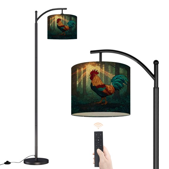Arc Floor Lamp with Adjustable Lampshade Colorful Stained Glass Rooster Strutting Forest Dawn Standing Lamp 3 Color Temperatures Dimmable Tall Pole Lamp with Foot Switch for Bedroom Farmhouse Decor