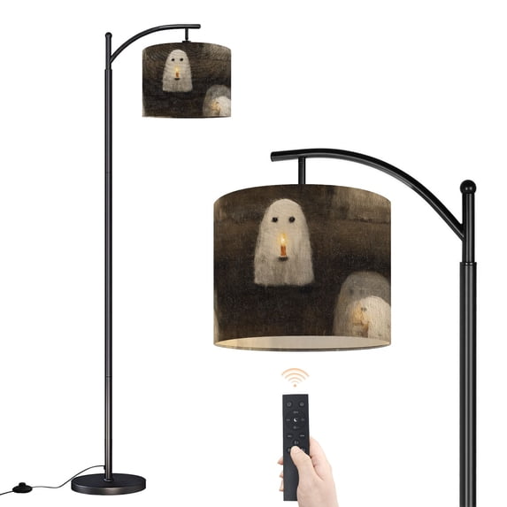 Arc Floor Lamp with Adjustable Lampshade Cute Ghost Halloween Decor Vintage Painting Spooky Silhouette Ghost Standing Lamp 3 Color Temperatures Dimmable Tall Pole Lamp with Foot Switch for Bedroom