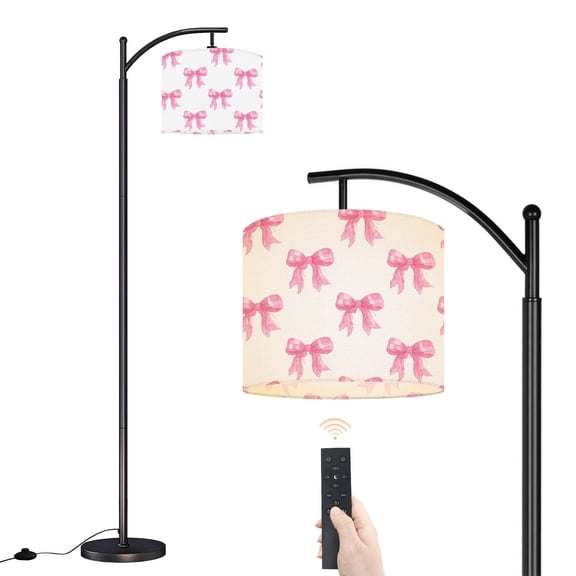 Arc Floor Lamp with Adjustable Lampshade Cute pink checkered bows Watercolor seamless white for children s Standing Lamp 3 Color Temperatures Dimmable Tall Pole Lamp with Foot Switch for Bedroom
