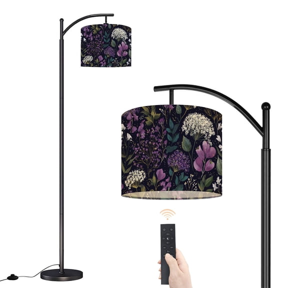 Arc Floor Lamp with Adjustable Lampshade Dark Floral Night Garden White Purple Green Wildflowers Standing Lamp 3 Color Temperatures Dimmable Tall Pole Lamp with Foot Switch for Bedroom