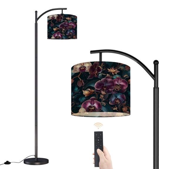 Arc Floor Lamp with Adjustable Lampshade Dark Floral Orchid Vibrant Purple Teal Blooms Standing Lamp 3 Color Temperatures Dimmable Tall Pole Lamp with Foot Switch for Bedroom