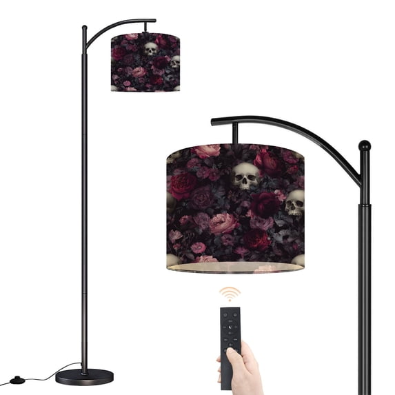 Arc Floor Lamp with Adjustable Lampshade Dark Floral Skull Roses Anemones Standing Lamp 3 Color Temperatures Dimmable Tall Pole Lamp with Foot Switch for Bedroom