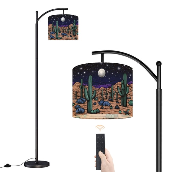 Arc Floor Lamp with Adjustable Lampshade Desert Night Cacti Stained Glass Decor Standing Lamp 3 Color Temperatures Dimmable Tall Pole Lamp with Foot Switch for Bedroom Sofa Beside Corner