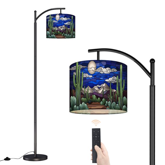 Arc Floor Lamp with Adjustable Lampshade Desert Stained Glass Cacti Silvery Glow Standing Lamp 3 Color Temperatures Dimmable Tall Pole Lamp with Foot Switch for Bedroom Sofa Beside Corner