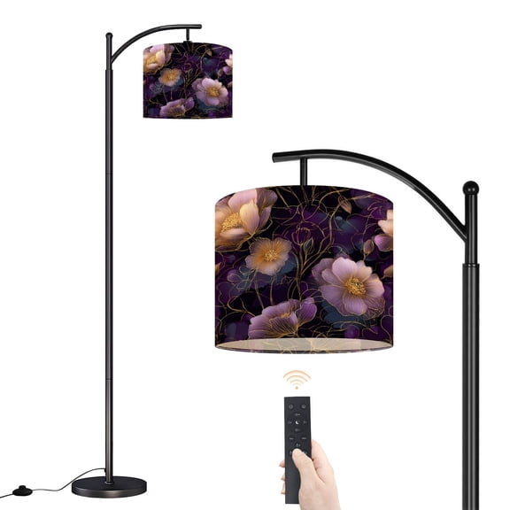 Arc Floor Lamp with Adjustable Lampshade Elegant Floral Purple Gold Flowers Dark Standing Lamp 3 Color Temperatures Dimmable Tall Pole Lamp with Foot Switch for Bedroom Reading Room