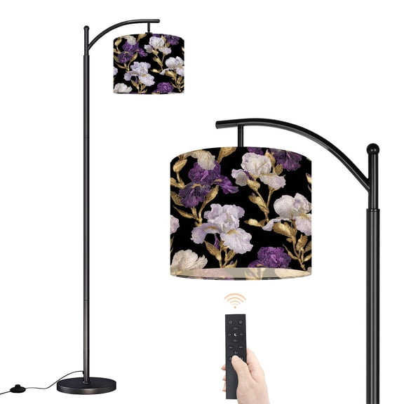 Arc Floor Lamp with Adjustable Lampshade Elegant Metallic Gold Purple Iris Floral Seamless Black Standing Lamp 3 Color Temperatures Dimmable Tall Pole Lamp with Foot Switch for Bedroom