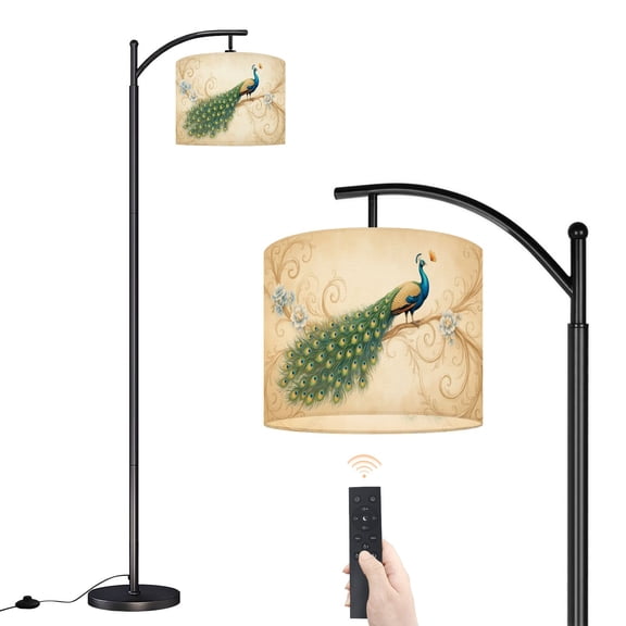 Arc Floor Lamp with Adjustable Lampshade Elegant Peacock Flowing Blue Green Feathers Floral Accents Standing Lamp 3 Color Temperatures Dimmable Tall Pole Lamp with Foot Switch for Bedroom