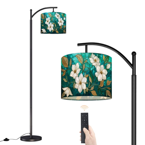 Arc Floor Lamp with Adjustable Lampshade Elegant White Magnolia Flowers Teal Stained Glass Standing Lamp 3 Color Temperatures Dimmable Tall Pole Lamp with Foot Switch for Bedroom Over Couch