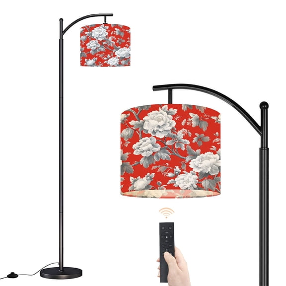 Arc Floor Lamp with Adjustable Lampshade Elegant White Peony Floral Red Standing Lamp 3 Color Temperatures Dimmable Tall Pole Lamp with Foot Switch for Bedroom Living Room