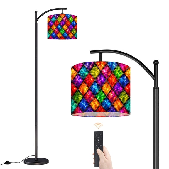 Arc Floor Lamp with Adjustable Lampshade Fake Stained glass Visual Effect Standing Lamp 3 Color Temperatures Dimmable Tall Pole Lamp with Foot Switch for Bedroom