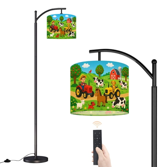 Arc Floor Lamp with Adjustable Lampshade Farm Friends Animals Green Red Tractor Yellow Children Standing Lamp 3 Color Temperatures Dimmable Tall Pole Lamp with Foot Switch for Bedroom