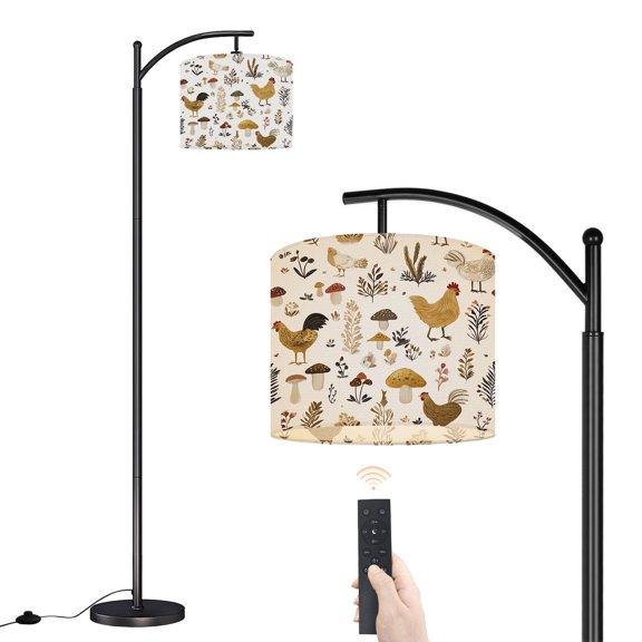 Arc Floor Lamp with Adjustable Lampshade Farmyard Roosters Chickens Mushrooms Wildflowers Warm Tones Standing Lamp 3 Color Temperatures Dimmable Tall Pole Lamp with Foot Switch Bedroom Farmhouse