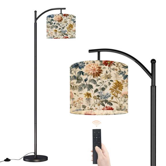 Arc Floor Lamp with Adjustable Lampshade Floral Botanical Soft Pastel Warm Tones Standing Lamp 3 Color Temperatures Dimmable Tall Pole Lamp with Foot Switch for Bedroom